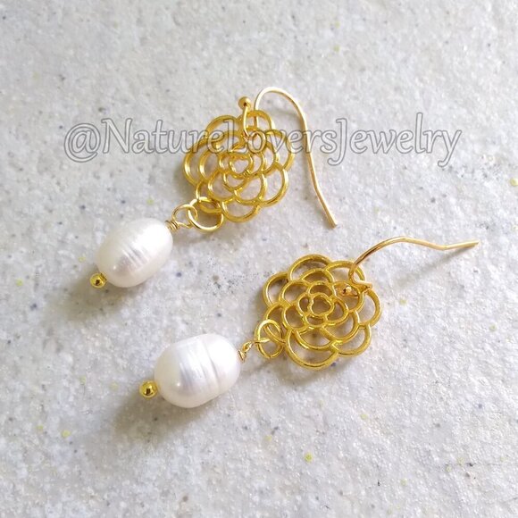 Bougie & Boho! Golden Floral & Genuine Pearl Earrings - Soft Feminine Essence - Picture 2 of 8